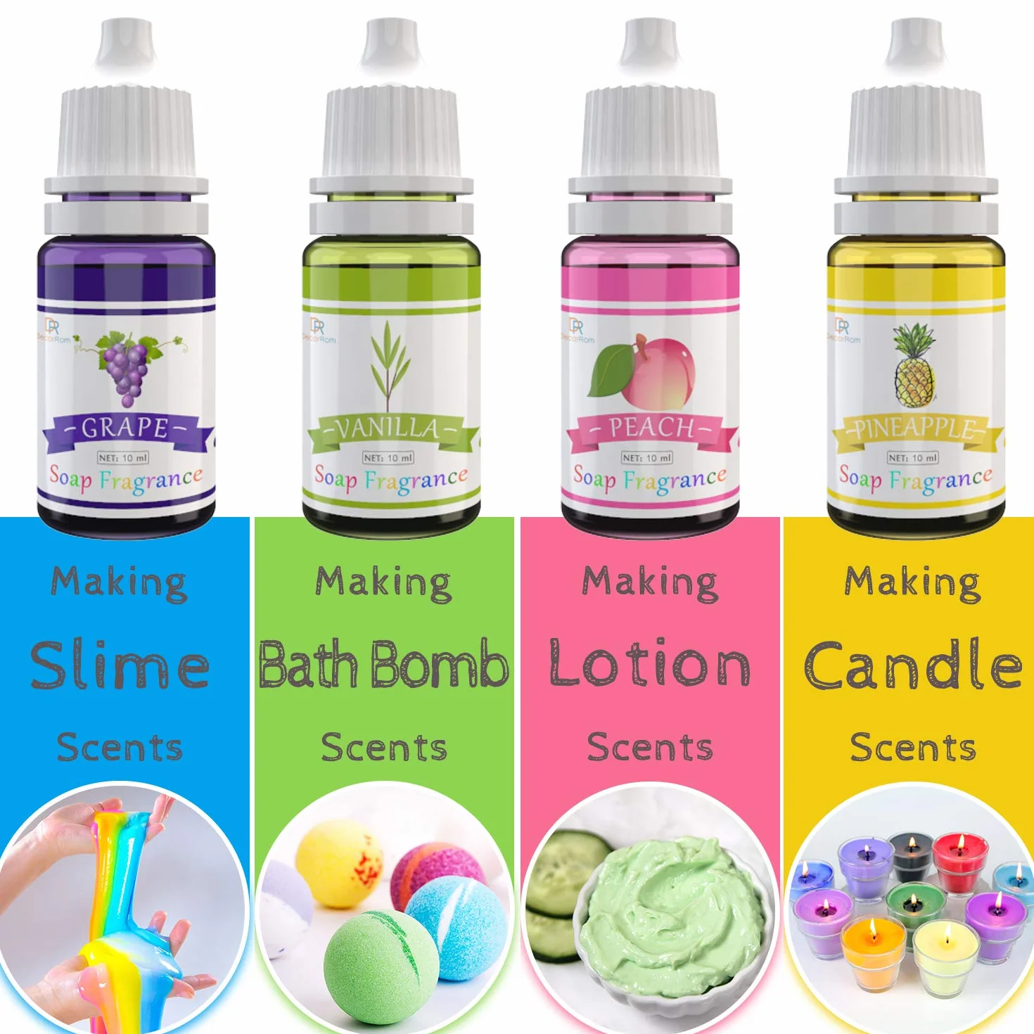 DecorRom 18 Seifenduftöl - Flüssig Duftöl Seifen Duft Set zur Badekugeln, Seifenherstellung, Schleim - Konzentrierte Badebomben Düfte für Kosmetik, Kunst und Handarbeit - 10ml pro Stück