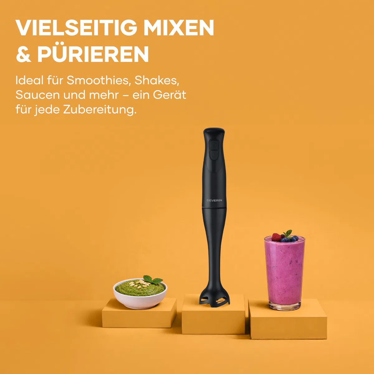 Severin Stabmixer zum Pürieren und Zerkleinern, Mixstab, abnehmbarer Mixfuß, Turbotaste, 2-Klingen-Messer, einfache Reinigung, rutschfester Griff, für Smoothies, Shakes, Saucen, 350W, schwarz, SM 3760