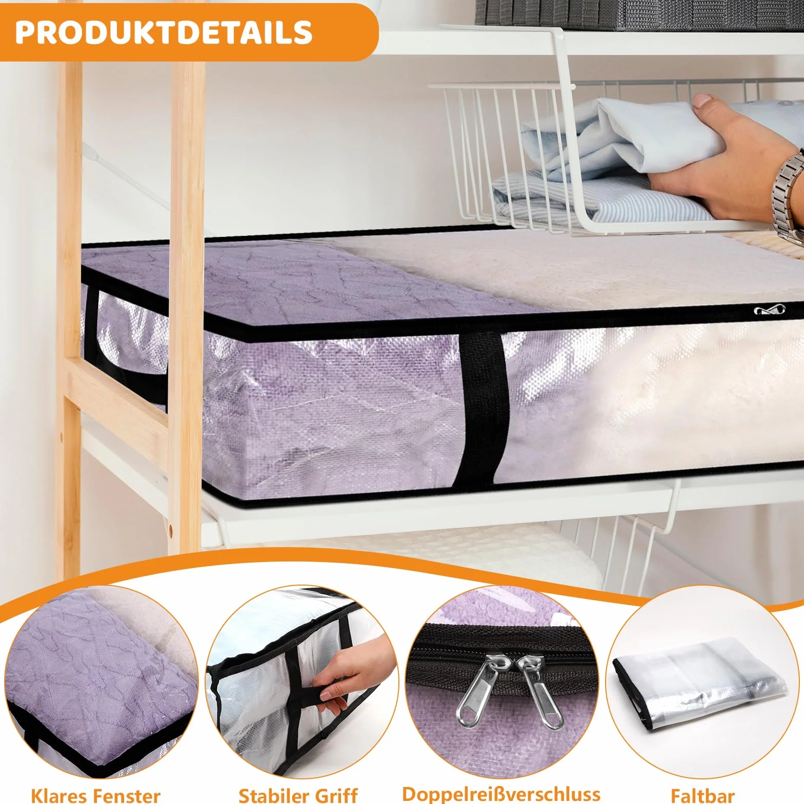 Dntorx 4 Stück 90L Unterbett Aufbewahrungsbox mit Deckel Groß, Transparente Unterbettkommode Faltbare Aufbewahrungstasche mit Griff, Unterbett Aufbewahrung für Bettdecken Kissen Kleidung Aufbewahrung