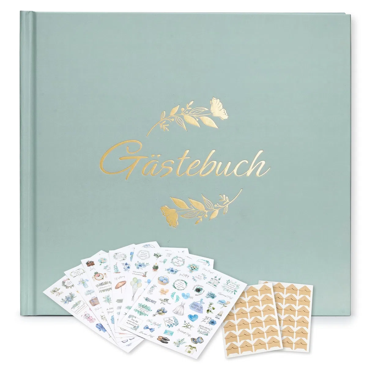 Gästebuch Hochzeit mit 2 Seiten Feststehenden Fotoaufklebern,Hochwertiges Hochzeitsbuch,Hardcover mit Goldprägung,Größe 21x23cm,Hochwertiges Gästebuch,120 Seiten Blanko,6 Seiten Hochzeitssticker,Grün