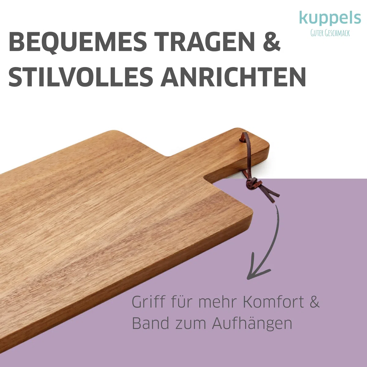 Kuppels NICE Schneidebrett Akazienholz Slim Long 60x18 cm,Holzbrett Küche mit Griff, Servierbrett Holz für Brot, Käse & Antipasti, Robuste, pflegeleichte & messerschonende Käseplatte holz | Das Slim Long Schneidebrett ist ideal für Brot, Käse und Antipast
