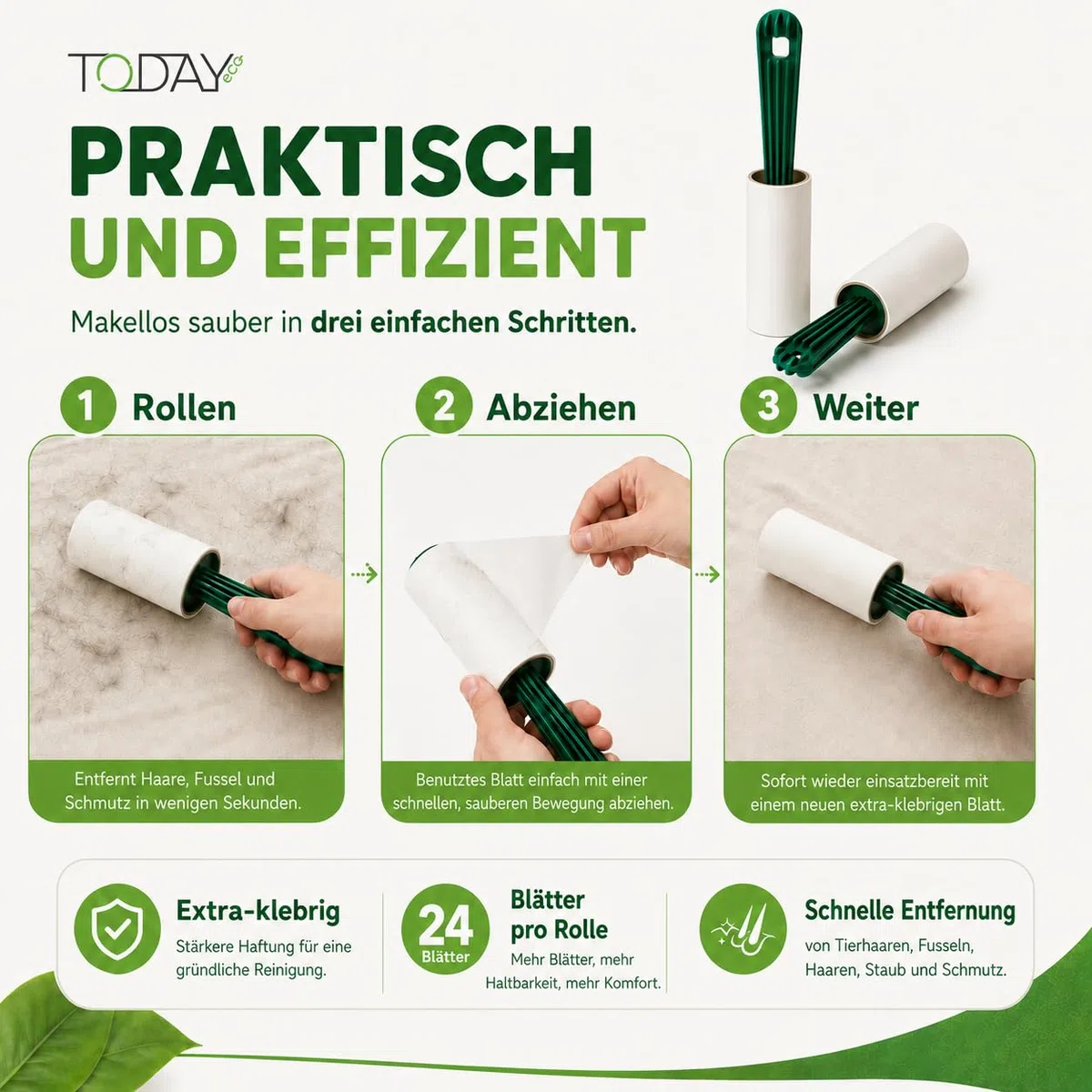 Today Eco - Fusselrolle 28 Rollen + Deckel + 2 Abroller 95% recyceltes Material - Fusselrolle Tierhaare Easy-Peel - Geeignet für Haare, Staub, Kleidung, Tierhare
