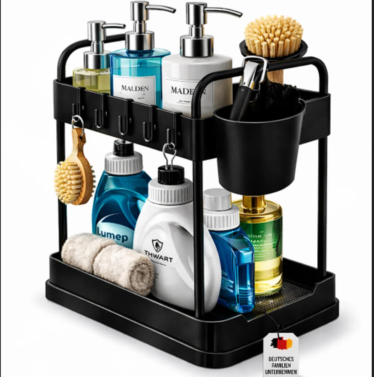 Unter-Spüle Organizer – Küchen Organizer für Spülenschrank & Bad – 2 Etagen Regal platzsparend mit 4 Haken, 2 Bechern & 4 Trennblättern – Schwarz