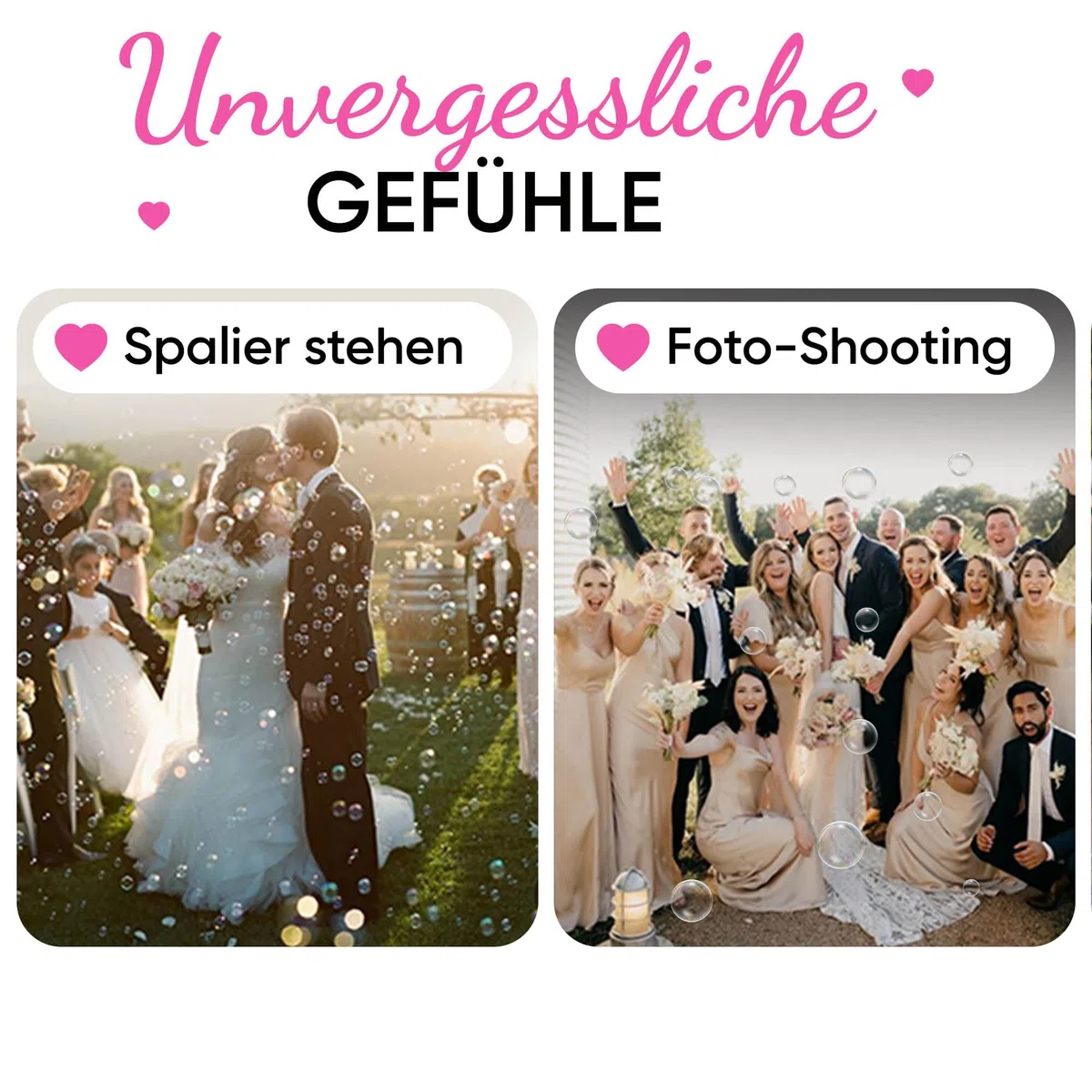 EinsSein Seifenblasen Hochzeit mit Aufkleber Herzgläschen Set rosa-weiss | Gastgeschenke für die goldene Hochzeit Taufe Geburtstag Valentinstag Verlobung Party| Hochzeitsseifenblasen mit Freudentränen