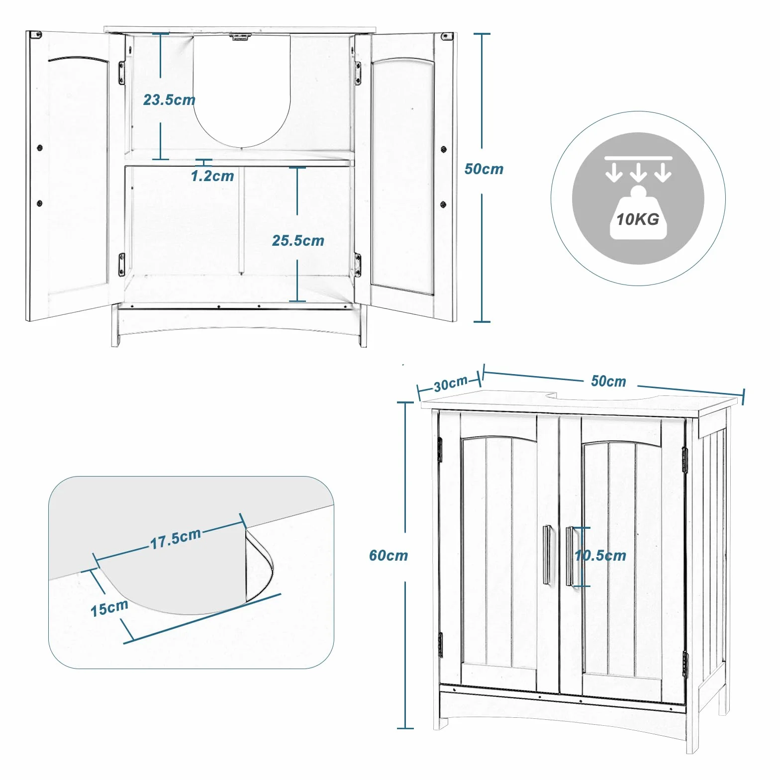 EUGAD Waschbeckenunterschrank, Unterschrank, Waschtischunterschrank, Badezimmerschrank, Badschrank mit 2 Türen, verstellbare Ablage, freistehend, modern, 50x60x30 cm, Weiß