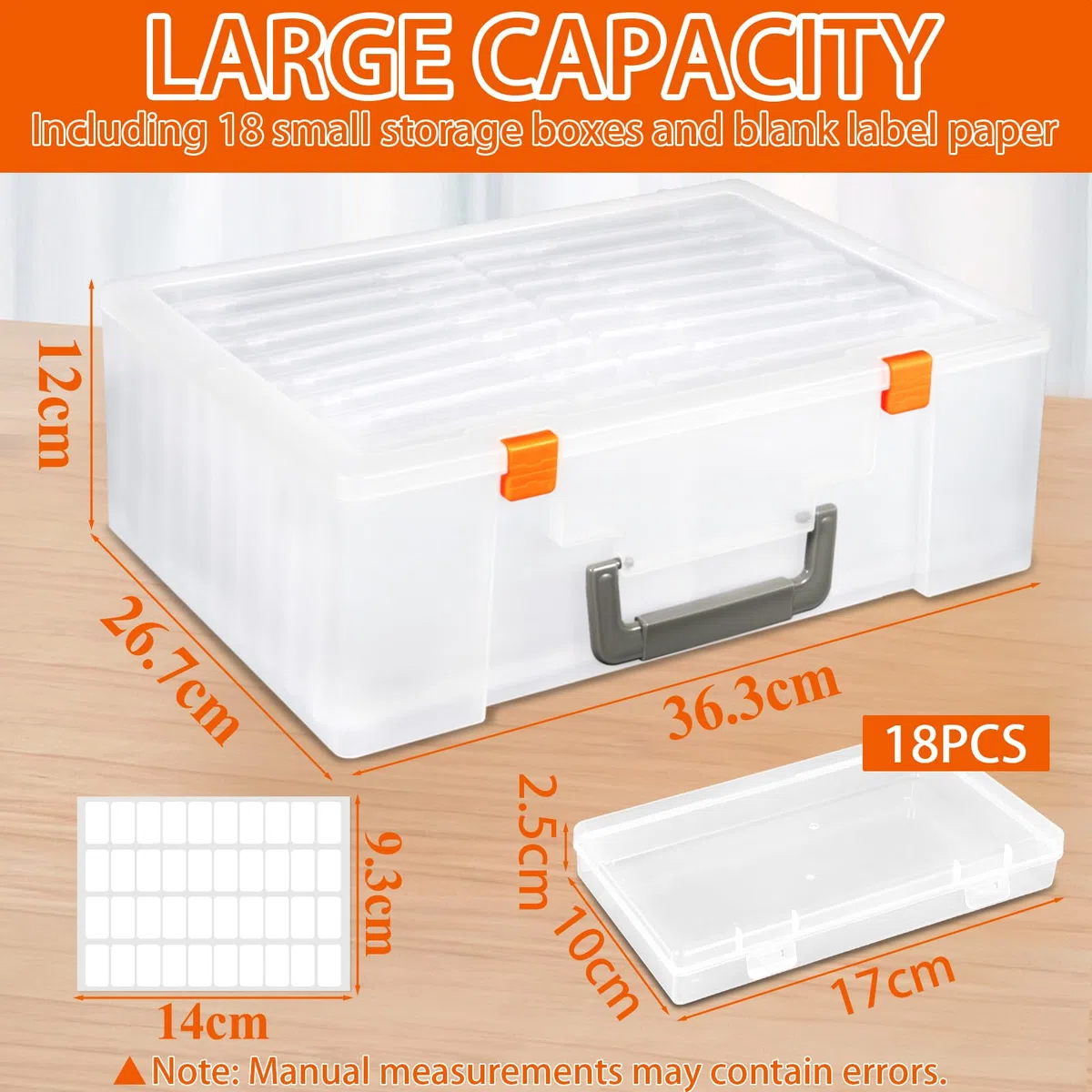 Fotoaufbewahrungsbox mit 18 innere Fotohalter, 17 x 10 x 2,5 cm Fotoetui, mit Aufklebern, Durchsichtige Fotoboxen zur Aufbewahrung für Saatgut, Karten, Handwerk, Aufkleber, Bürobedarf