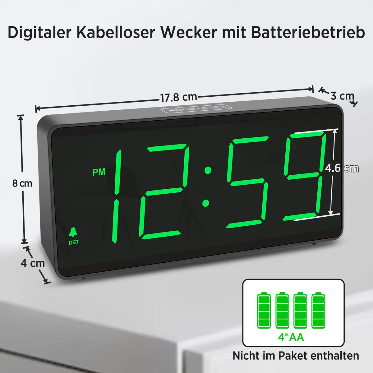 Eachui Wecker digital Batteriebetrieben mit großen Zahlen, Digitaler Wecker mit LED Display, regelbarer Helligkeit und Lautstärke, Automatischer Dimmer,Snooze, 12/24 Std (Grüne Ziffern)