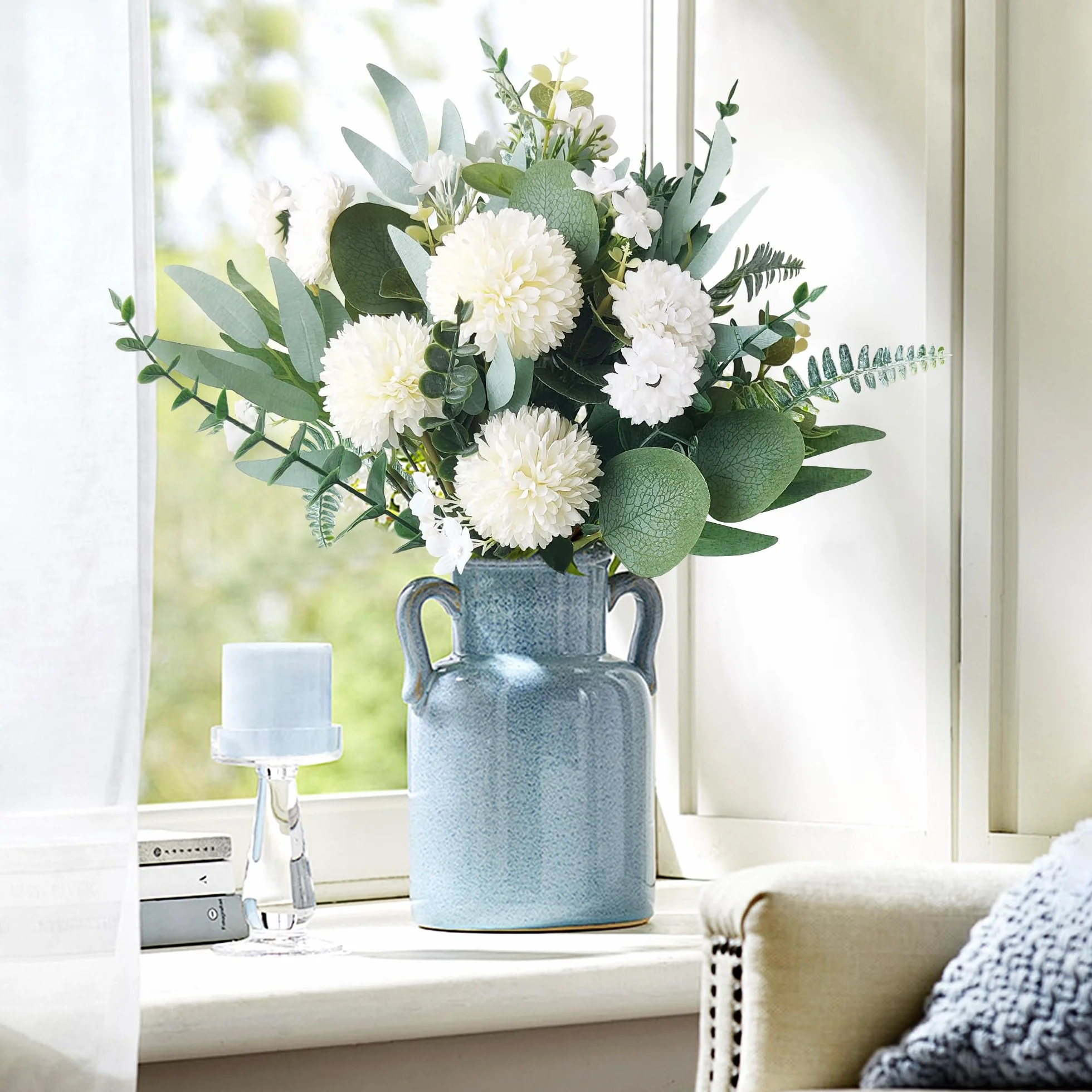 ROLLWAY 55 Stück Künstliche Zweige & Kunstblumen, Weiß Blumen Blätter Künstlich Dekozweige, Kunst Blumen Kunstblumenstrauss Eukalyptus Hortensien für DIY Blumenstrauß Brautstrauß Hochzeit (55, Weiß)