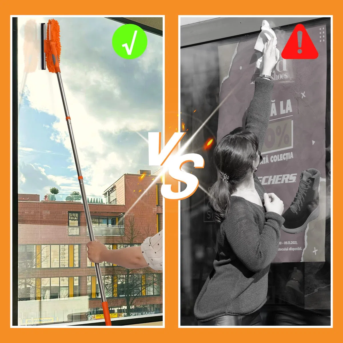 Terafeels 170cm Teleskop Fensterwischer Abzieher Set, 2 in 1 Teleskopstange Fensterreinigung ür Innen und Außen Hohe Fenster Autoglas (Orange)