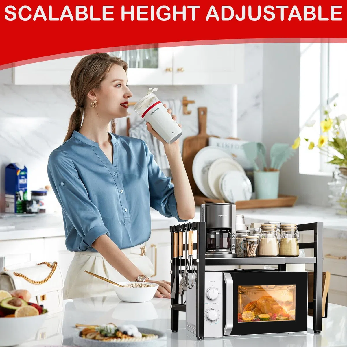 UCAMP Verstellbares Mikrowellenregal,Erweiterbares Mikrowellen Regal,2 Stufig Mikrowellenhalter aus Kohlenstoffstahl,für Räumen Sie die Küche auf, mit 1 Schneidebrettständer Und 6 Haken (Schwarz)