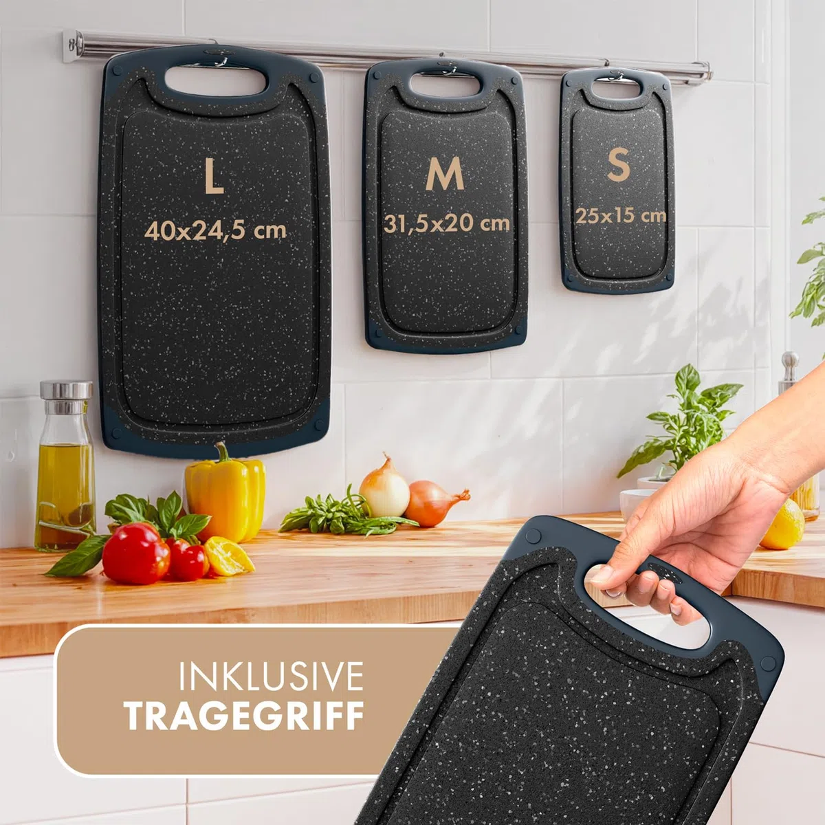 Blumtal Schneidebrett Set mit 3 Größen (S/M/L) - Schneidebrett Kunststoff groß + Saftrillen & Griff - Cutting Board - Schneidbrett BPA frei langlebiges Küchenbrett Schwarz