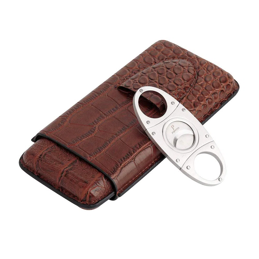 PIPITA Zigarrenetui aus Leder, 3 Tubes Zigarren Humidore aus Krokodile Getreide Leder Zigarrenschneider aus Edelstahl inkl.Tragbare Reise-Zigarrentasche Zigarren Etui (Braun für 3 Zigarren)