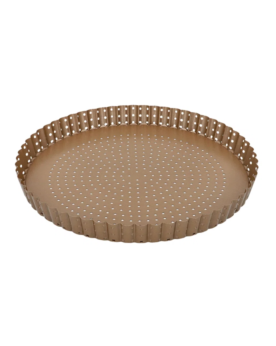 Birkmann Tarteform mit Hebeboden, perforierte Quicheform & Pizzaform für knusprigen Boden, runde Backform aus Karbonstahl mit Antihaftbeschichtung, Wellenrand, Höhe 3 cm, Bronzefarben | Ø 30 cm