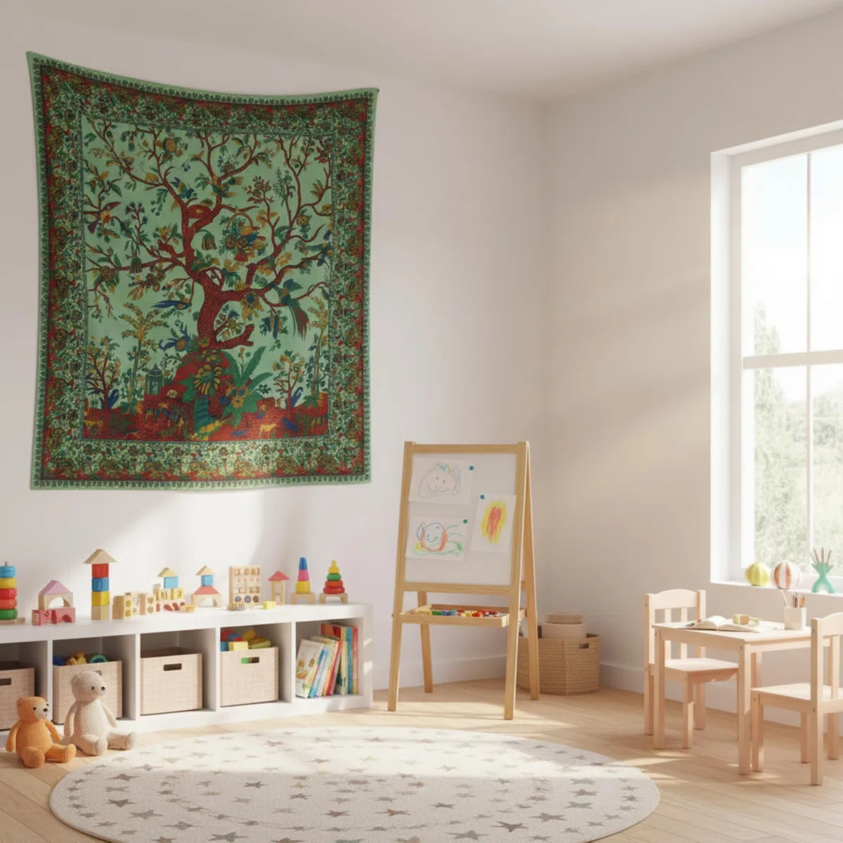 Craft Trade Grün Baum Wandteppich Indische Wandtuch Tapestry Wandbehang Boho Wandteppiche für Heimdeko Wohnzimmer und Schlafzimmer - 127 x 152 cm