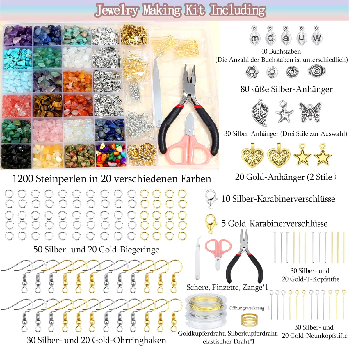 GUJOXILA Schmuck Selber Machen Set mit 20 Farben Edelsteine Perlen 1200 Kristall Perlen Set für Ohrringe Selber Machen DIY Ringe Armbänder Ketten und Schmuckherstellung Bastelset
