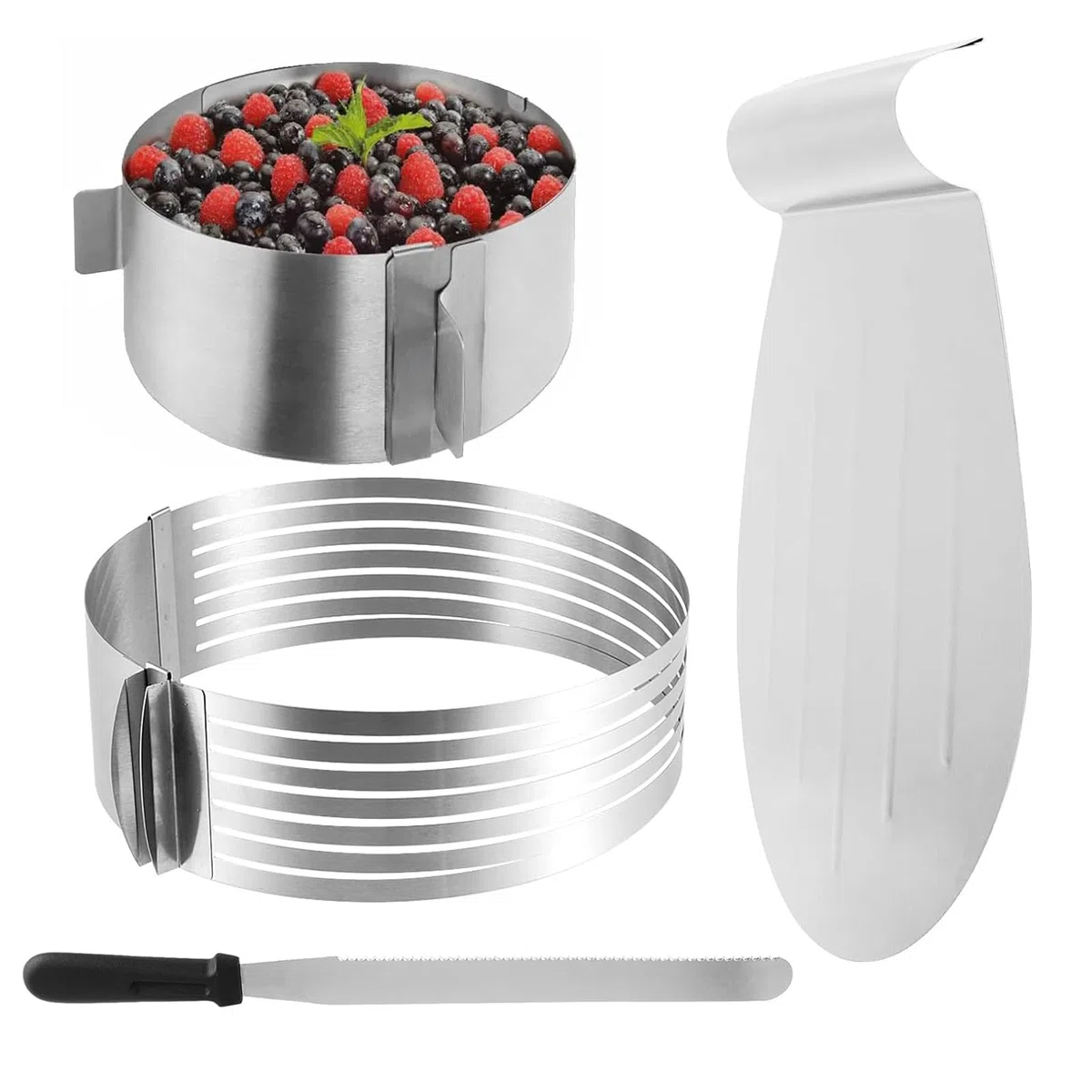 4 TLG Tortenzubehör Set Edelstahl, Verstellbare Kuchenschneider Ø24-30, Konditormesser, Tortenring Verstellbar Ø16-30, Tortenbodenschneider Set für die Herstellung von Kuchen