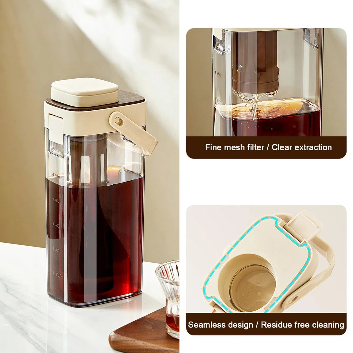 Cold Brew Maker - 1000ml Leakproof Dispenser with Handle Wide Mouth, Iced Coffee Infuser, Espresso Coffee Drink Pitcher | Glass Beverage Steeper for Homemade Drinks Lemonade Juice Home Kitchen Stay