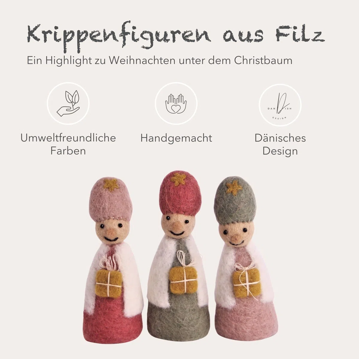 Én Gry & Sif Heilige DREI Könige, Krippenfiguren aus Filz, Hand-Made, fair-Trade, Kinderzimmerdeko, besondere Weihnachtskrippe, 10 cm groß