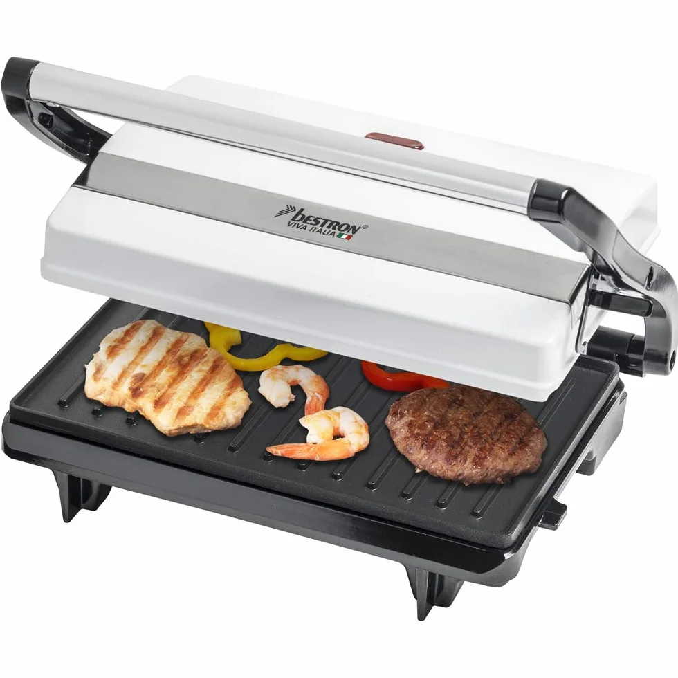 Bestron Kontaktgrill mit Auffangschale, Sandwichmaker mit Cool-Touch-Handgriff, Paninimaker mit Antihaftbeschichtung, 700 Watt, APM123W, Farbe: Weiß