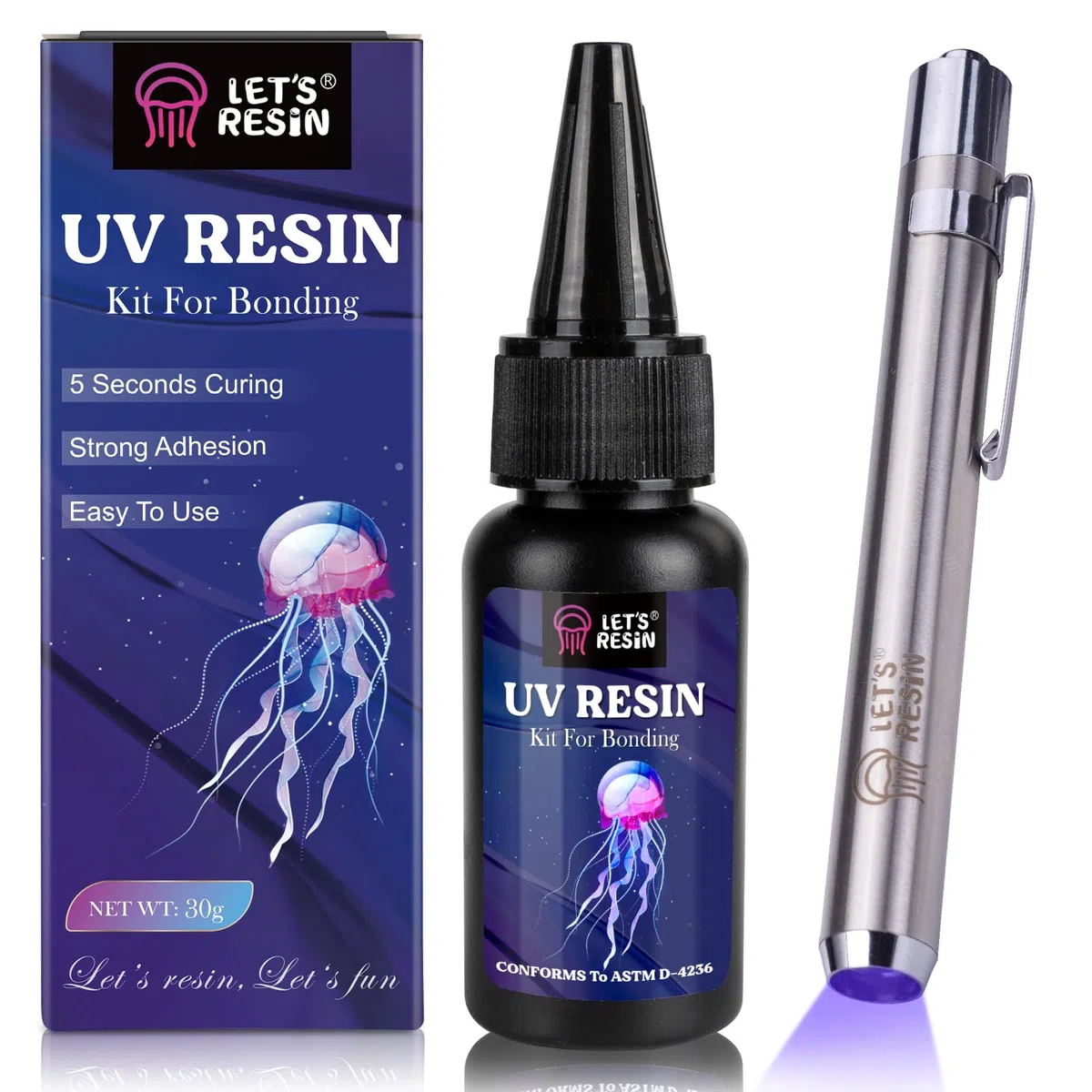 LET'S RESIN UV Resin Set mit UV Lampe, 30g UV Kleber mit lampe, Kleben & Aushärten in Sekunden, Schmuck UV Harz für Kunststoffreparatur, Glaslicht, Basteldekor