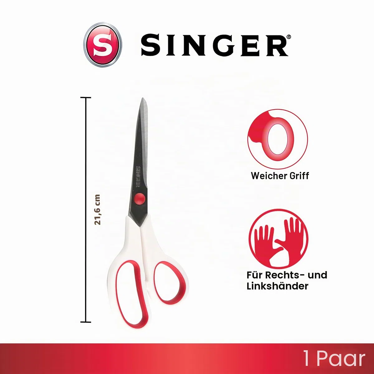 SINGER Stoffschere mit Komfortgriff, 1 Stück, Rot und Weiß