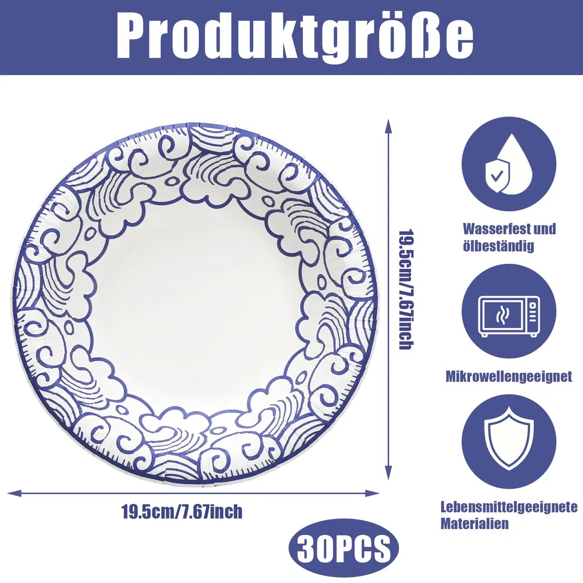 Suppenschalen Einweg 470 ml, 30 Stück, dicke Pappschüsseln mit Blau-weißes Porzellanmuster, mikrowellengeeignet und auslaufsicher, für Zuhause, Party, Picknick & Familienfeier