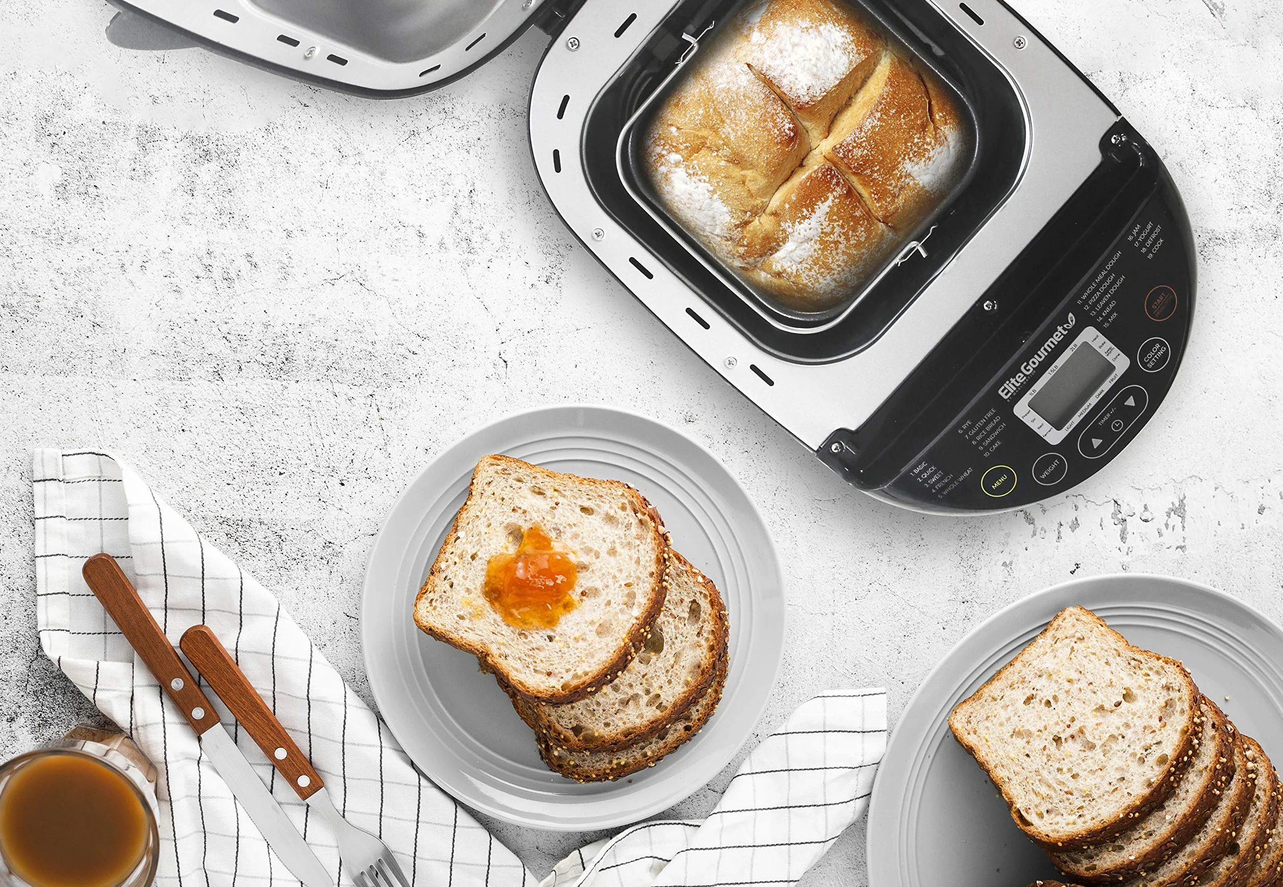 Elite Gourmet EBM8103B Brotbackmaschine, programmierbar, 3 Laibgrößen, 19 Menüfunktionen, glutenfrei, Weißweizen, Roggen, französische Backwaren und mehr, 0,9 kg, schwarz