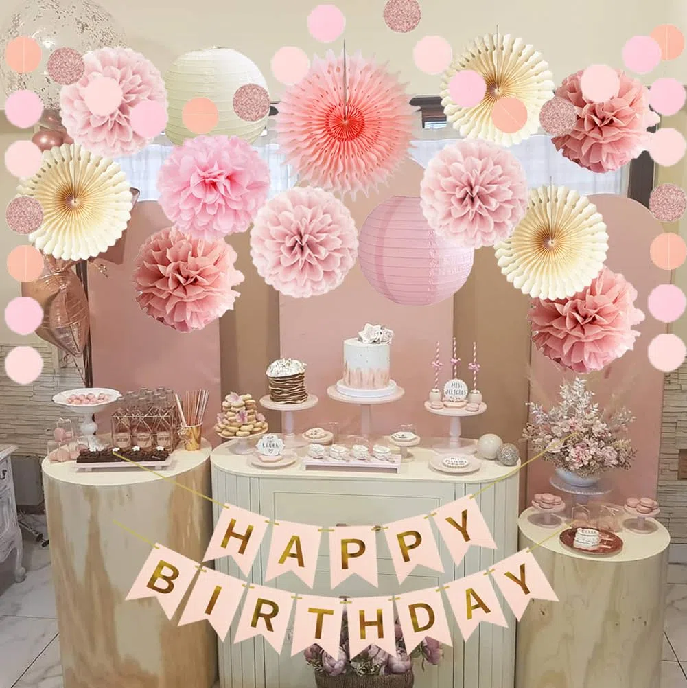 Geburtstagsdeko Beige Rosa Boho Geburtstag Party Deko Mädchen Frauen Seidenpapier Pom Poms Happy Birthday Girlande Boho Rosa Beige Party Deko