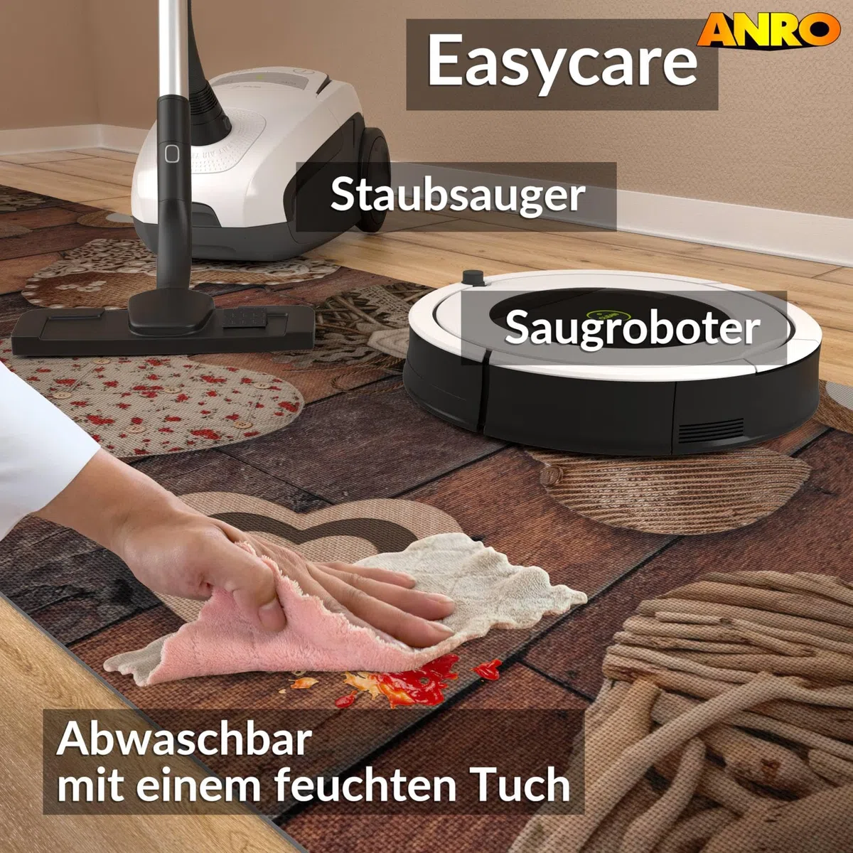 ANRO Küchenläufer Teppichläufer abwaschbar Läufer Flur rutschfest pflegeleicht Holz Liebe 100 x 52 cm