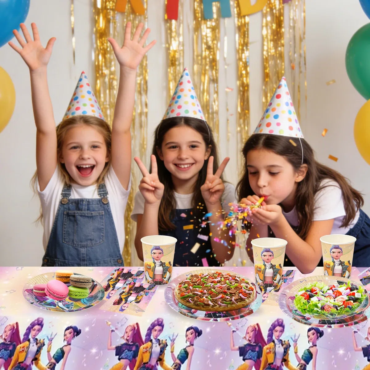 Huntrix Partygeschirr Set, 80 Stück Pappgeschirr für 20 Personen mit Pappteller Servietten, Bunte Große & Kleine Papier Teller, Cool Geburstag Party Geschirrset Tischdeko Zubehör für Mädchen