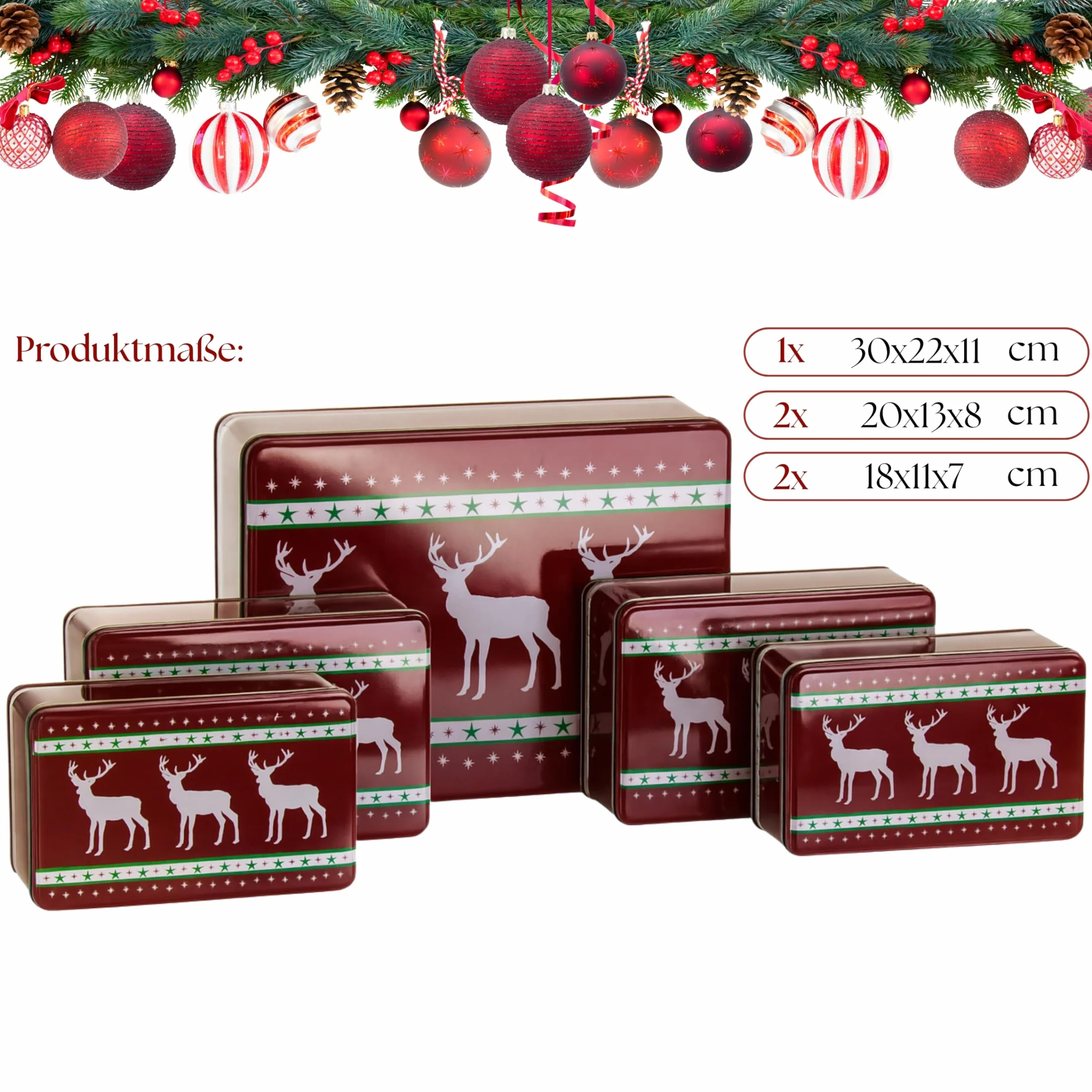 Brandsseller 5er Set Keksdosen aus Metall – Weihnachtsdosen mit Deckel, lebensmittelechte Vorratsdosen für Plätzchen, Gebäck & Kekse – Bordeaux Rentier