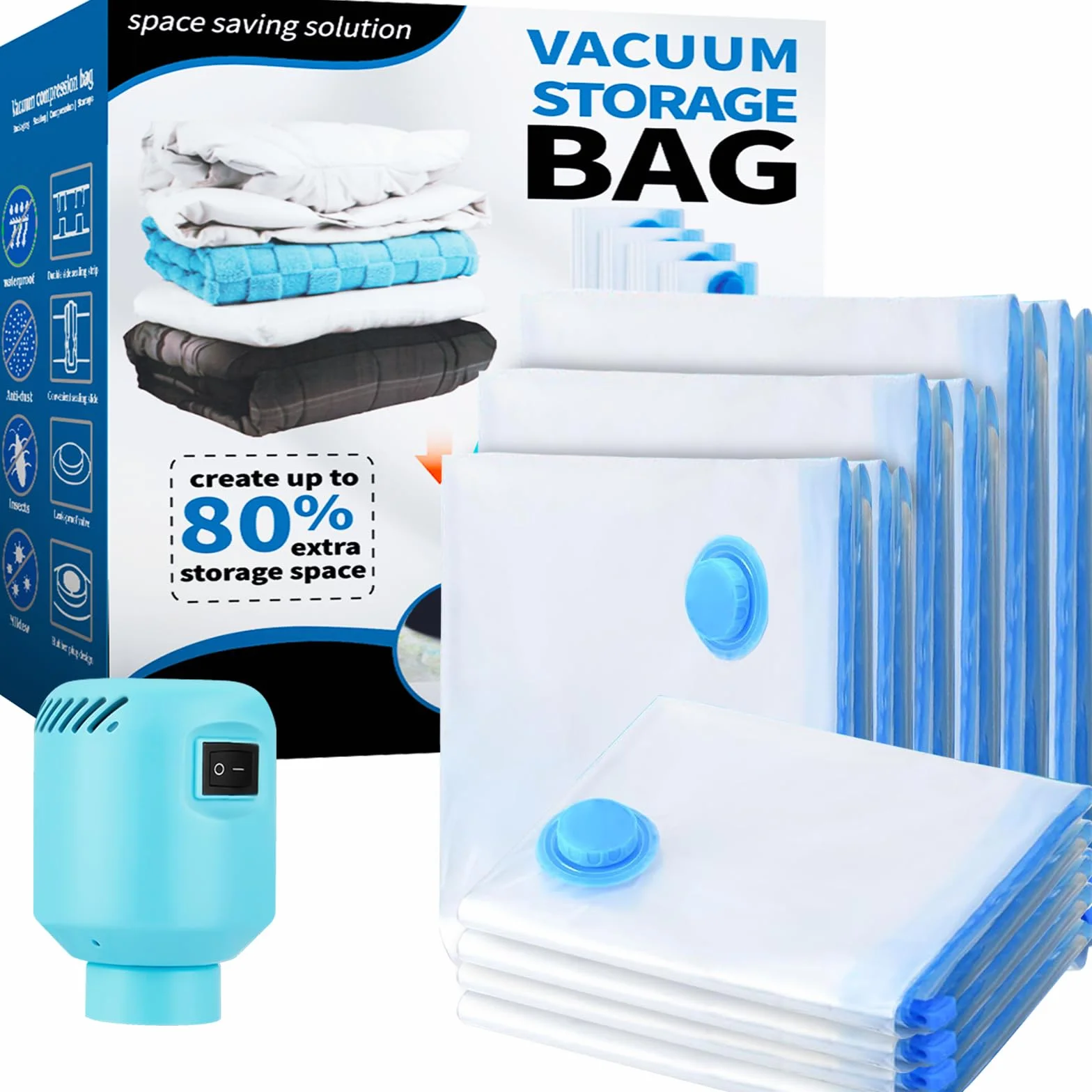 Vakuumbeutel für Kleidung Bettdecken mit Elektrische Pumpe 10 Stück, 2XL+2L+2M+4S Wiederverwendbar Vacuum Bags für Lagerung für Bettwäsche Kissen,Umzug und Reise, Vacuum bags for clothing
