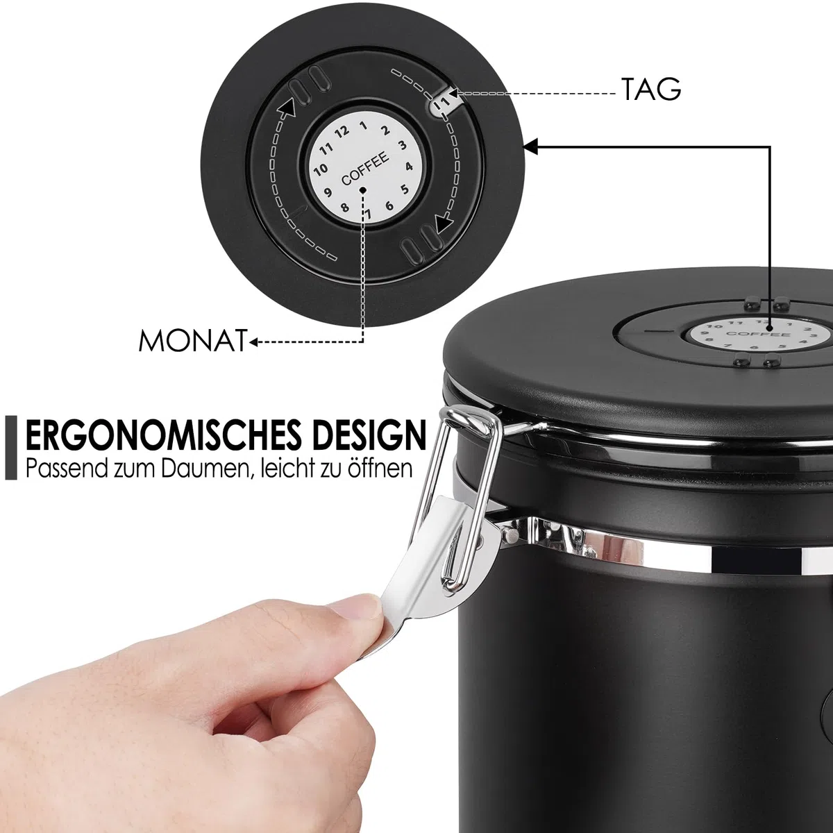 Kaffeedose Luftdicht, 2,8 L Kaffeebohnen Behälter aus Edelstahl, 1kg Bohnen Vakuum Kaffee Dose, Luftdichte Edelstahl Kaffeedose mit CO2-Ventil, Messlöffel & Datumsanzeige für Tee Nüsse Kakao