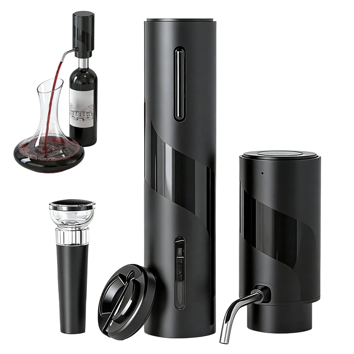 Elektrischer Korkenzieher Elektrischer Weinbelüfter Set 4-in-1 Weinset, Elektrischer Weinschrauber mit Wiederaufladbarem Weinöffner, Wiederaufladbarem Weinbelüfter, Folienschneider, Vakuumstopfen