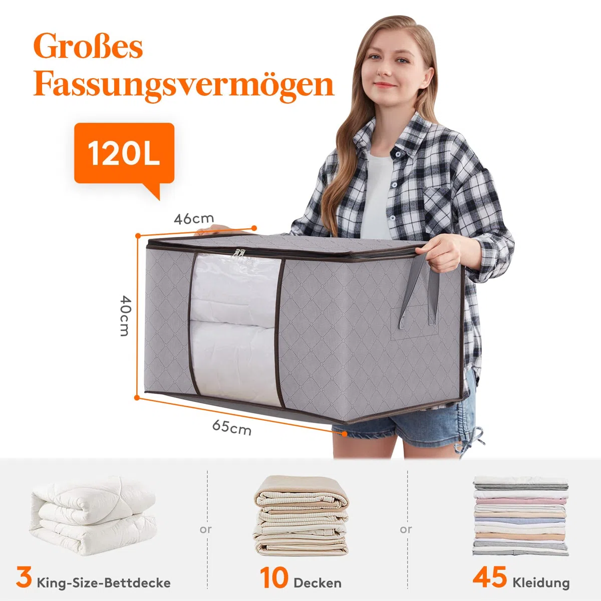 Lifewit 120L Aufbewahrungstasche für Bettdecken, Groß Aufbewahrungsbox mit Deckel Kleidung Aufbewahrung Umzugskartons mit Verstärkt Griff für Kleider Kleidung Bettdecken Bettzeug, 3 Stück, Hellgrau