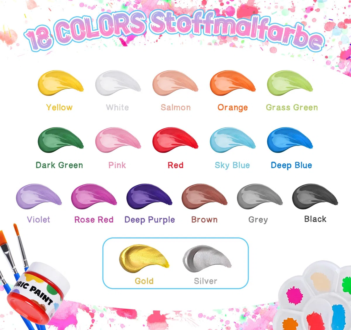 Textilfarbe Waschmaschinenfest 18 Farben je 50ml - Stoffmalfarben Set mit 5 Pinseln, Mischpalette - Hochdeckend für T-Shirts, Jeans, Schuhe auf hellen und dunklen Stoffen
