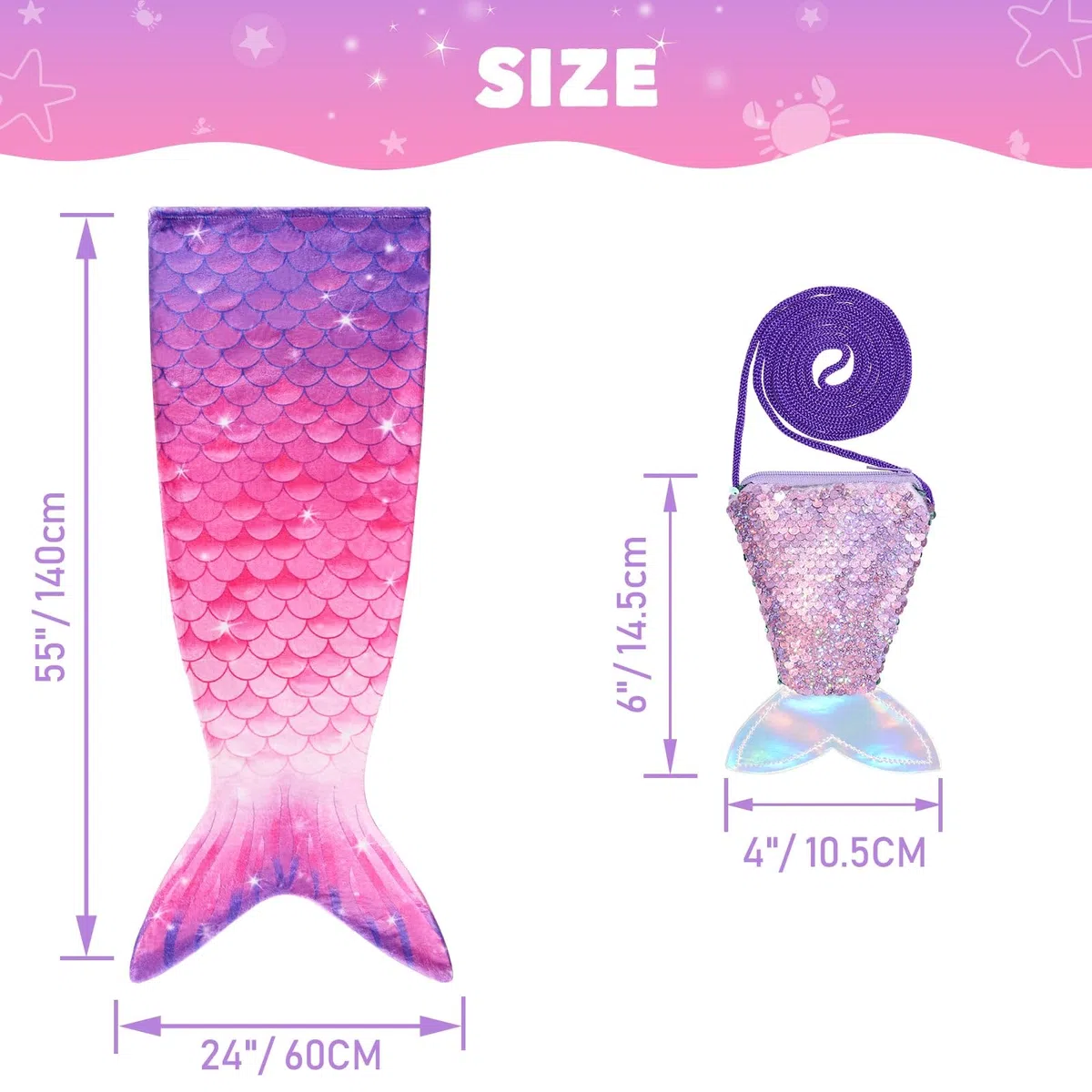 WERNNSAI Meerjungfrauen Schwanz Decke für Kinder Mädchen - Weiche Meerjungfrauen Decke mit Pailletten Portemonnaie Flanell Mermaid Blanket für Teenager Geschenk zum Geburtstag (Lila & Rosa)
