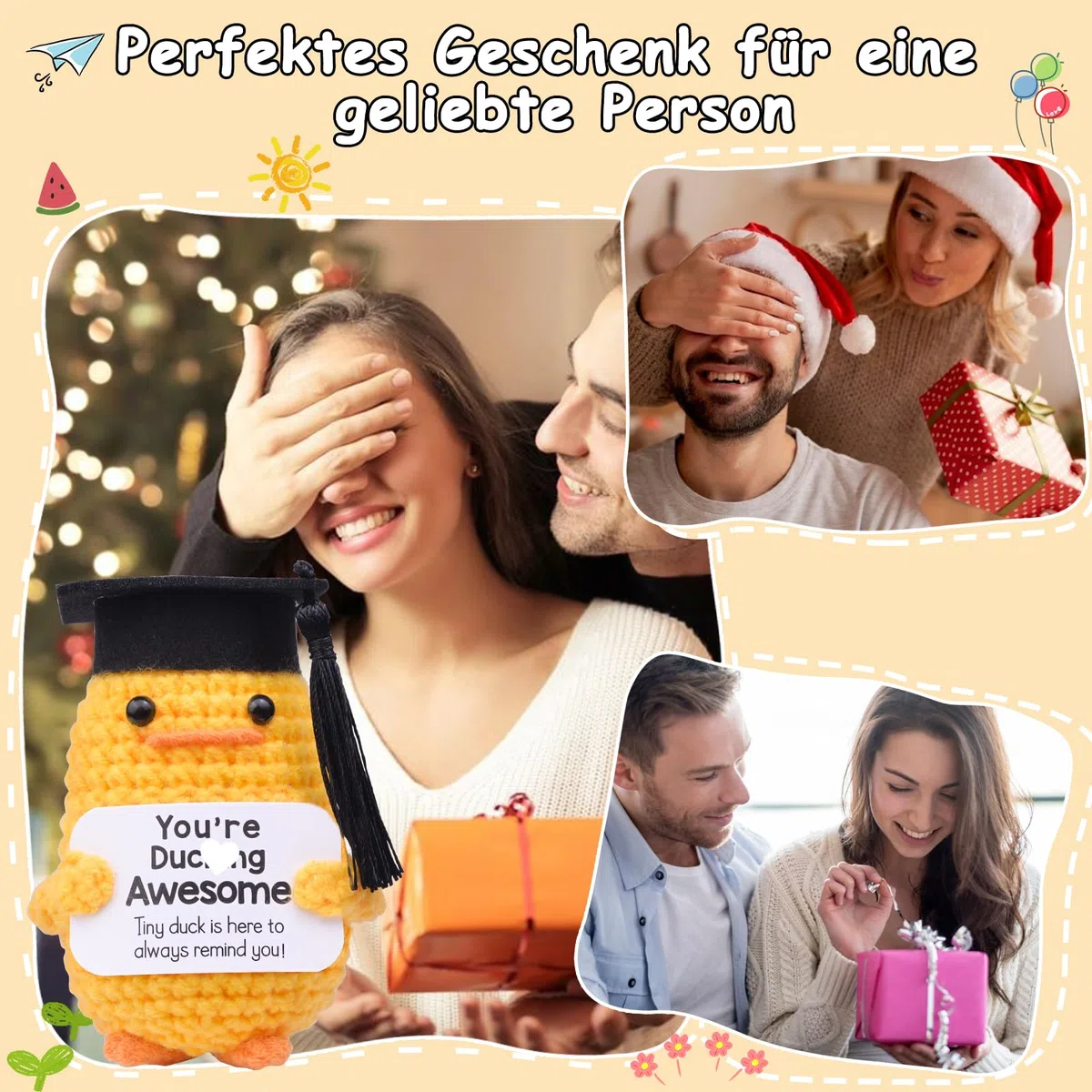 Mwmoeen Pocket Hug Positive Ente Doktorhut Studentenhut, Positive Duck Strickwolle Ente Bachelor Hut, Emotionale Unterstützung Enten Geschenke Absolvent Party-Dekoration Geschenke für Absolventen