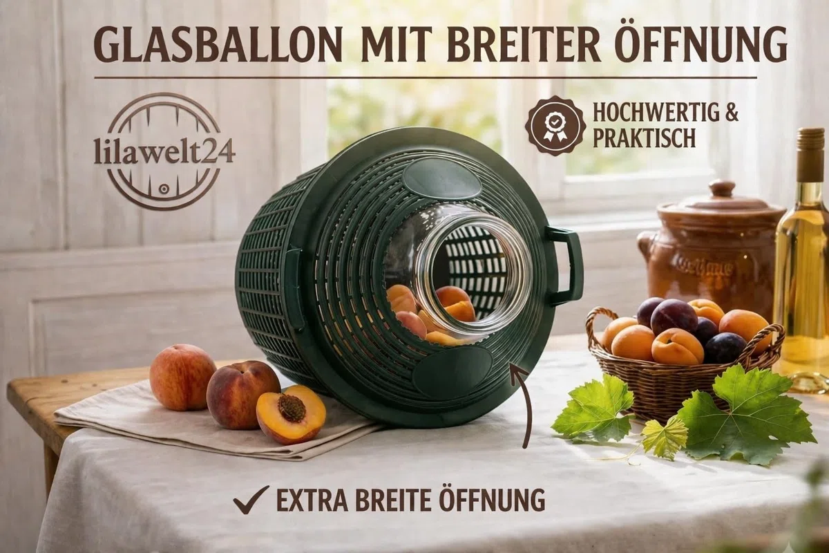 Weinballon mit weitem Hals Glasballon Weithalsballon Gärballon, Gärbehälter Weite Öffnung Weithals-Ballon im Kunststoff-Schutzkorb Ideal zum Ansetzen, Lagern und Vergären (5 L)