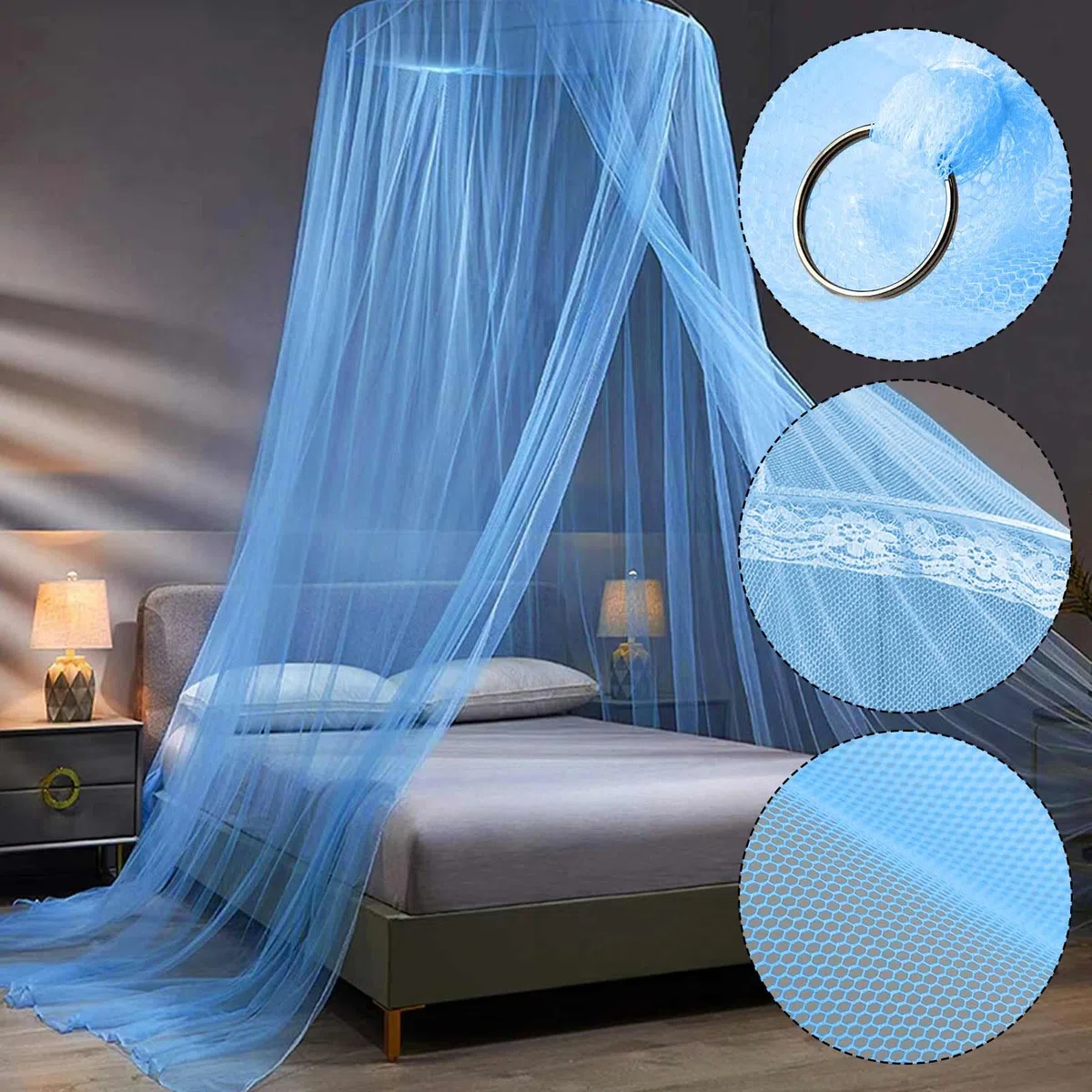 Reise Moskitonetz Bett mit Klebehaken Schrauben,Himmelbett Vorhänge für Moskitonetz Doppelbett und Einzelbett,Blau Fliegengitter Moskitonetze für Garten Camping Hause Betthimmel,60x250x1100cm