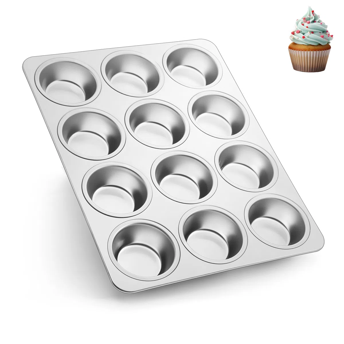 Herogo Muffinform, 12 Muffins Edelstahl Muffinblech, Metall Muffin Backform für Cupcake, Yorkshire Pie, Pudding, Muffin Kuchenform für Leicht zu reinigen, spülmaschinenfest, Ungiftig, Silber