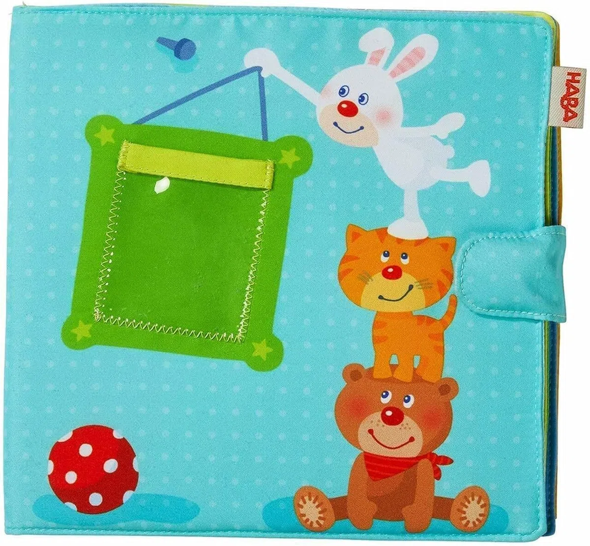 HABA Baby-Fotoalbum: Spielgefährten – Weiches Stoffalbum mit 10 Seiten und 8 Einstecktaschen für Fotos im Format 10 x 15 cm, Babyalbum ab 12 Monaten – 1303143001