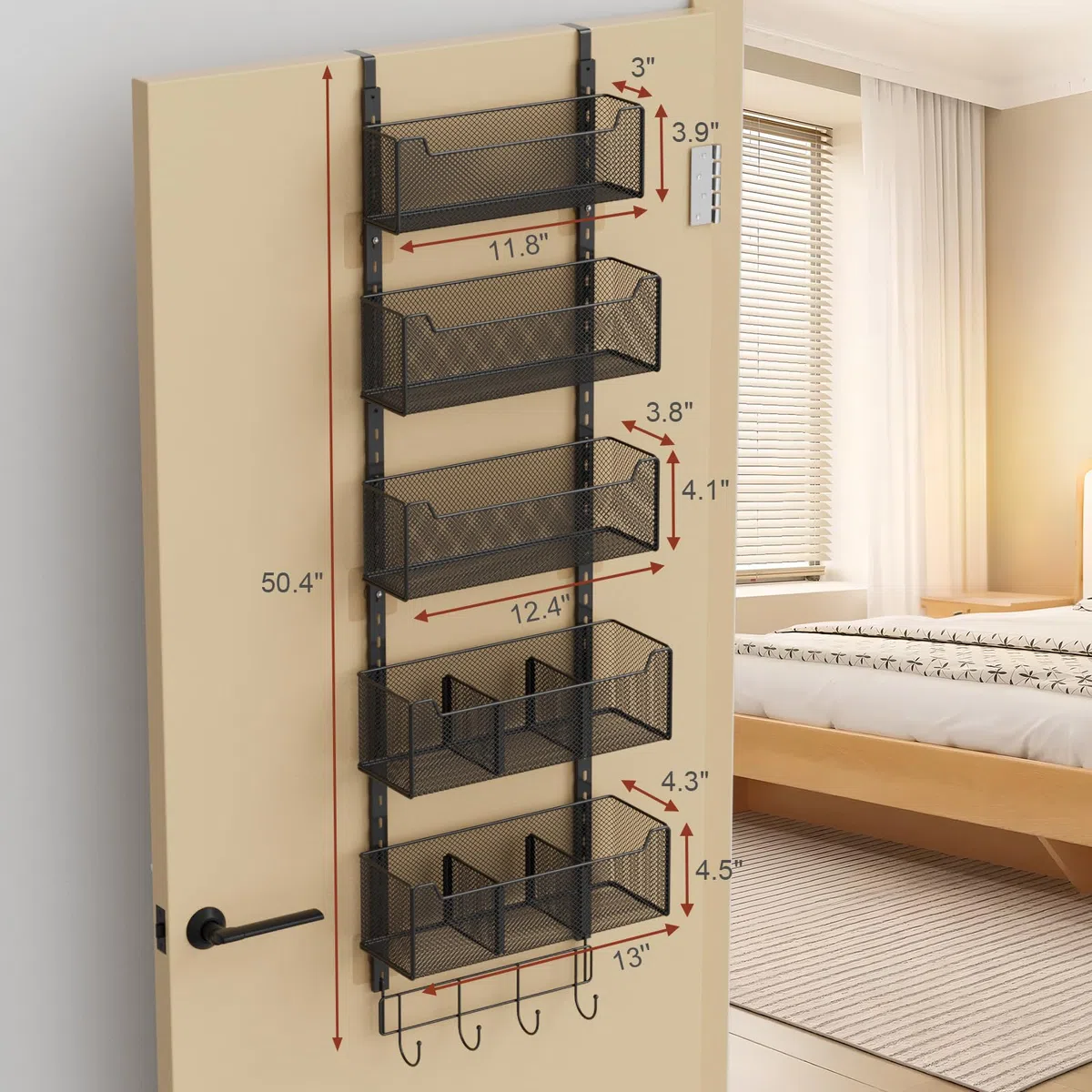 Über-der-Tür-Organizer, 5-stufig, 4 verstellbare Körbe und 8 Haken, freistehender Hänge-Organizer für die Tür, Aufbewahrung an der Türrückseite, geeignet für Küche und andere Räume, schwarz