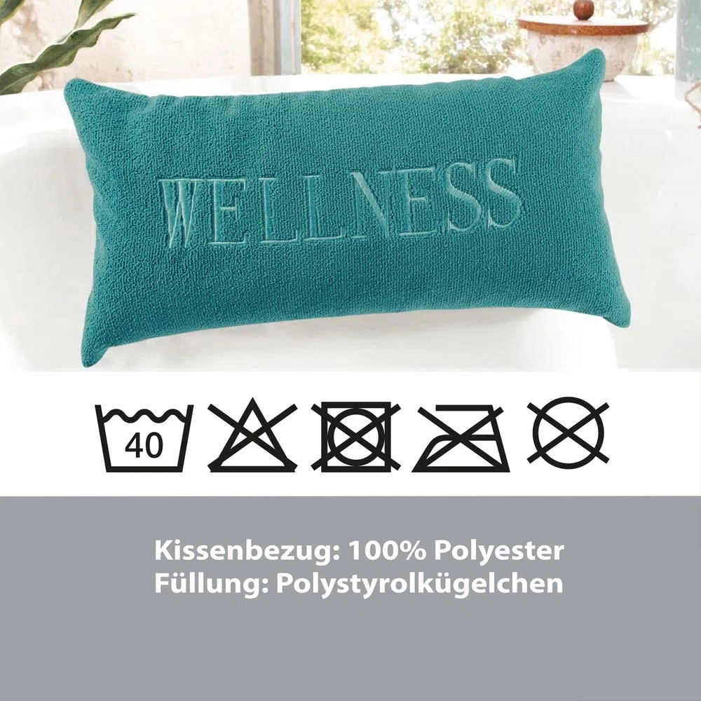 PANA® Badewannenkissen (20x40 cm) • Bequemes Kissen für Badewanne • Nackenkissen Badewanne • Kopfstütze Wanne • Polster Badewanne • Schnell trocknend • Türkis mit Wellness Schriftzug