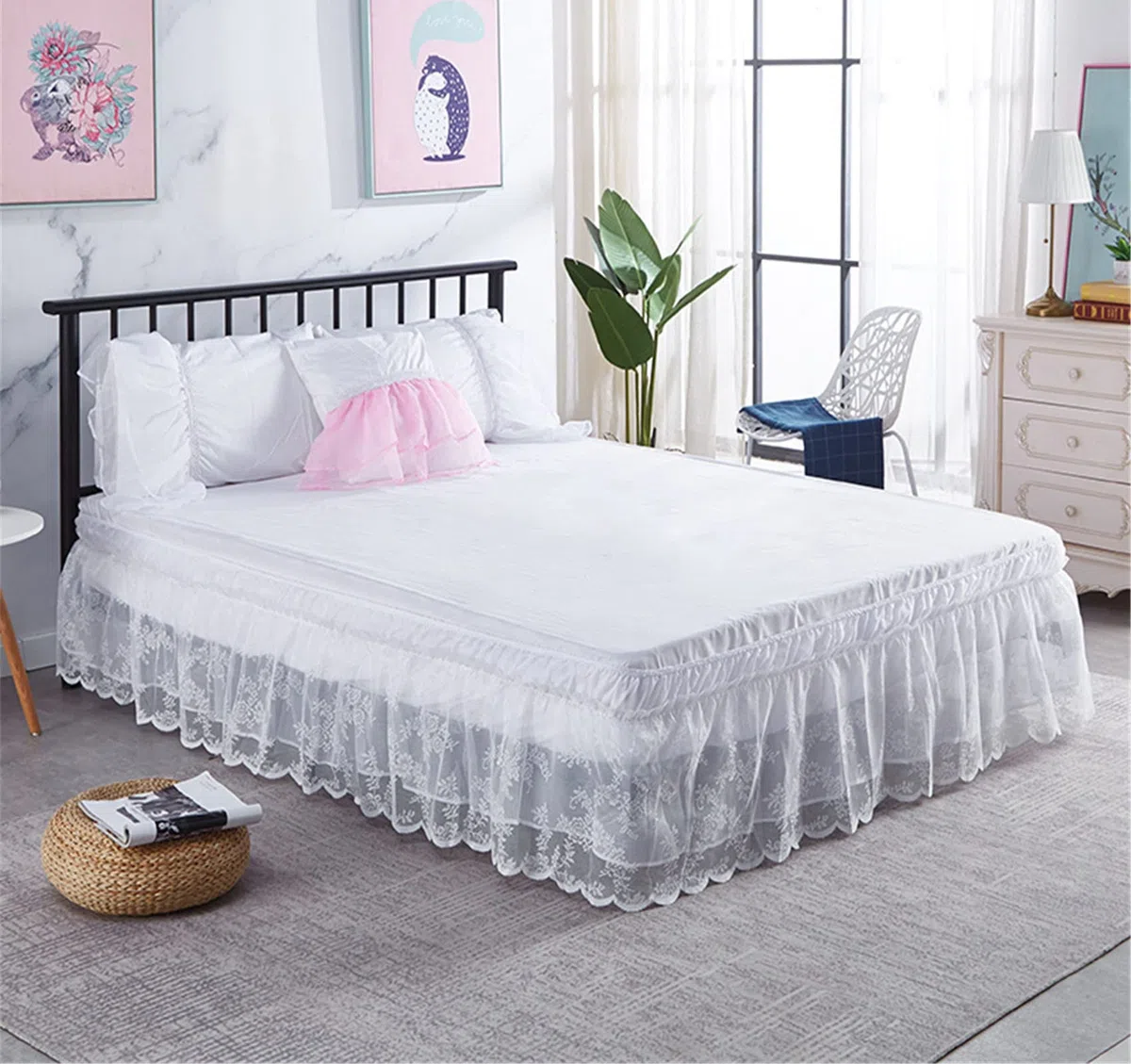 Surwin Betthusse Ruffle Bettrock Rüschen, Elastischer Spitze Bett Rock Bettvolant Gerüschter Bed Skirt Wrap Around Bettrock Husse Röcke Keine Bettoberfläche Bett Bettgestein (Weiss,150x200x40cm)