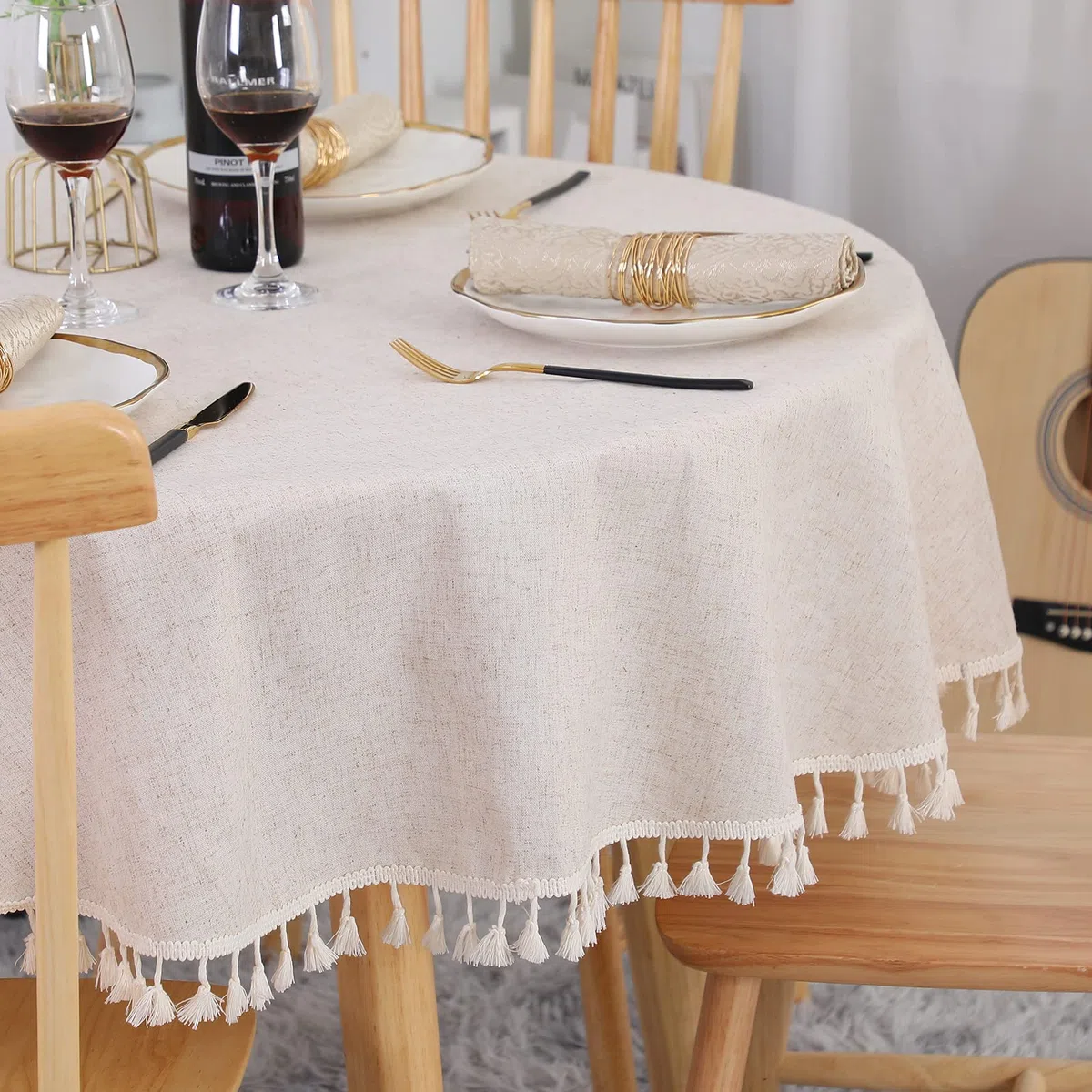 SUCHDECO Tischdecke Rund 120 cm Tischdecke Beige Leinen Baumwolle Tischdecke Runde Abwaschbar Knitterfrei Tischtuch mit Quasten für Küche, Esszimmer, Esstisch, Couchtisch, Gartentisch