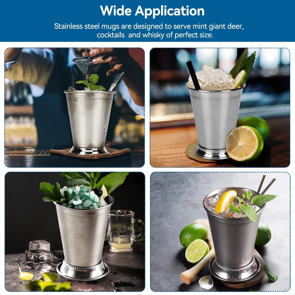 Agatige 400 ml Mint-Julep-Becher, 14 Unzen, silberne Cocktailgläser aus Edelstahl, Moscow Mule Cup, Mint-Julep-Gläser, Metallweingläser, Cocktailbecher, Mixgetränkeglas für Zuhause, Party, Bar