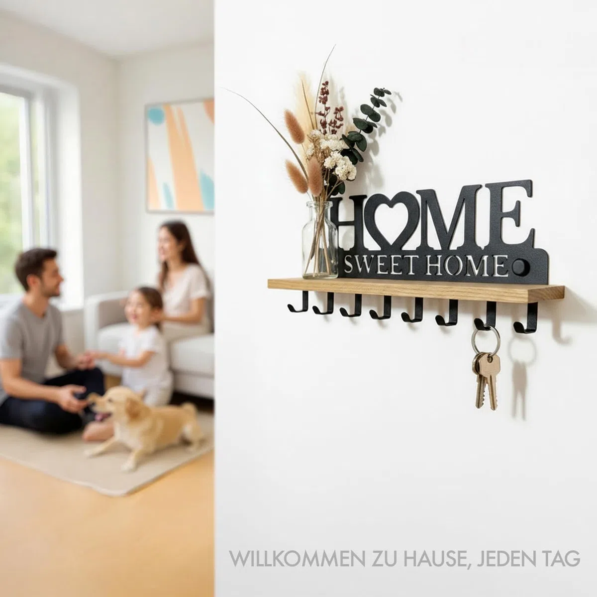 Schlüsselbrett mit Ablage aus Echtholz & Metall | Wandorganizer mit 8 Haken für den Flur | Home Sweet Home Design zur Wandmontage