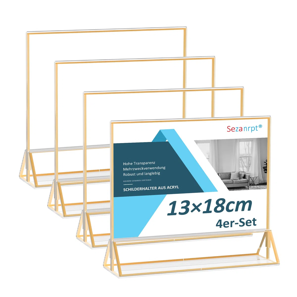 Sezanrpt Acryl Schildhalter Goldrand 13x18 Horizontal 4 Pack, Klare Bilderrahmen Gold, Tischkartenhalter Goldrand für Restaurant-Menü-Anzeige, Hochzeit Tischnummern
