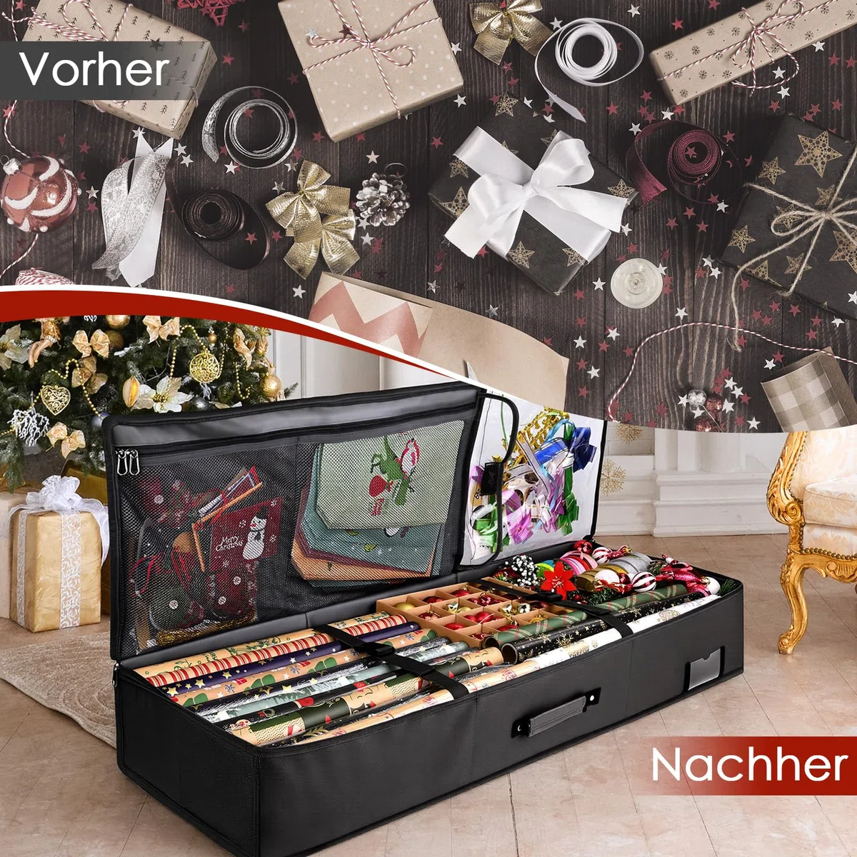 Geschenkpapier Aufbewahrung,Groß Geschenkpapier Organizer 95x35x16 cm,Wasserdichtes 600D Oxford Gewebe Geschenkpapier Aufbewahrung Organizer, Aufbewahrung Geschenkpapierrollen mit Fächern (Schwarz)